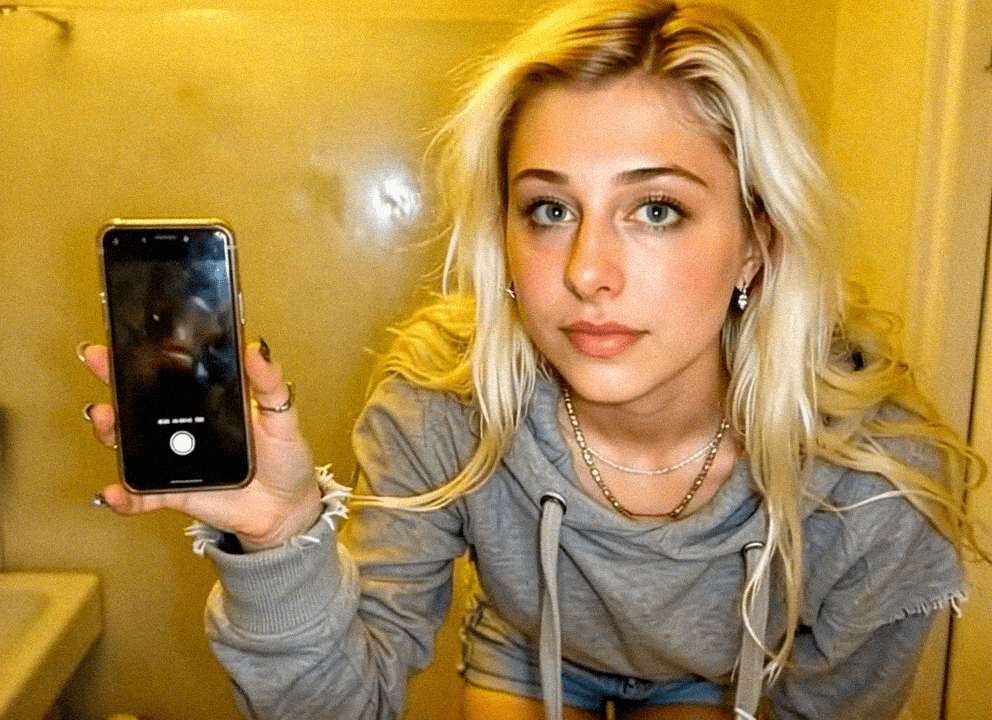 Emma-Jane MacKinnon-Lee taking a mirror selfie at night