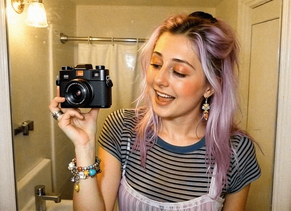 Emma-Jane MacKinnon-Lee taking a photo with the old kodak camera